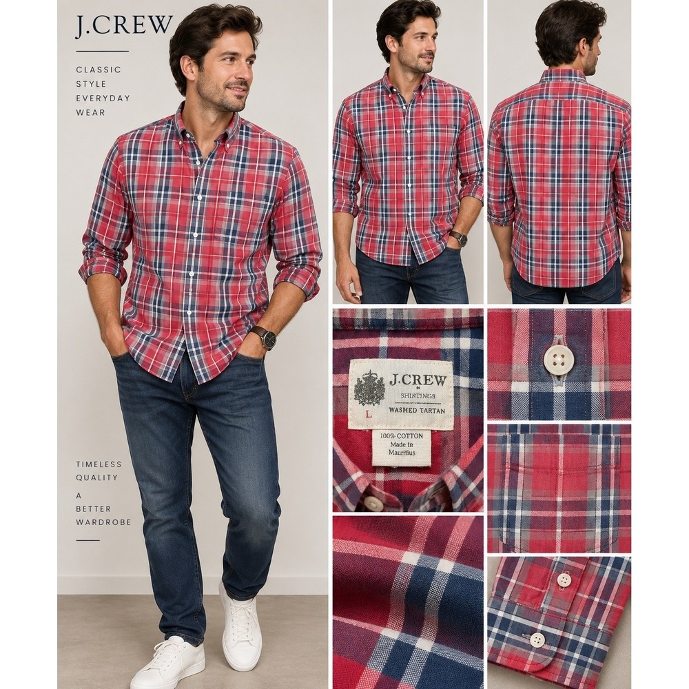 J.Crew Mens Large Red Blue Washed Tartan Plaid Cotton Button Down Shirt 47247
